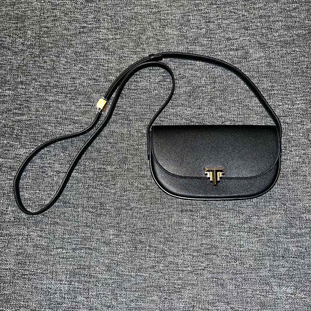 Tiffany & Co. Crossbody Bag Womens Small Black Leather Flap T Logo Gold Hardware